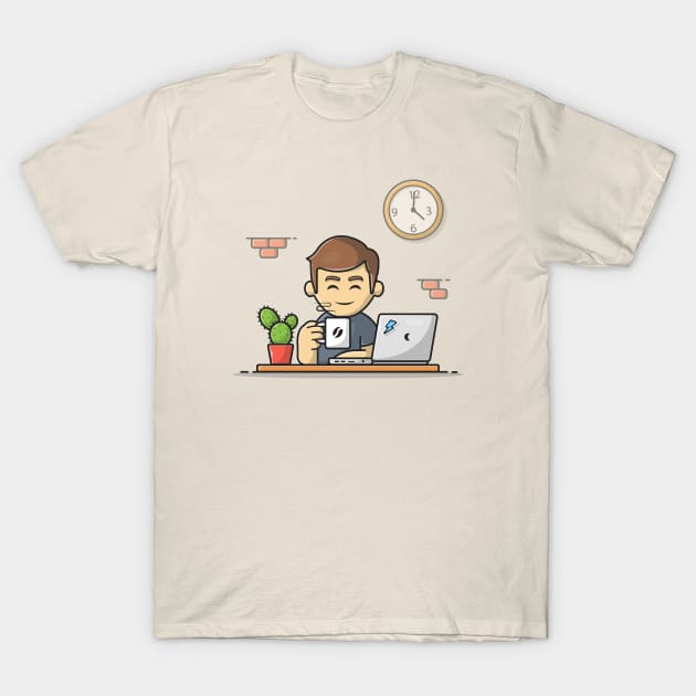 Male Operating Laptop With Coffee Cartoon Vector Icon Illustration T-Shirt by Catalyst Labs